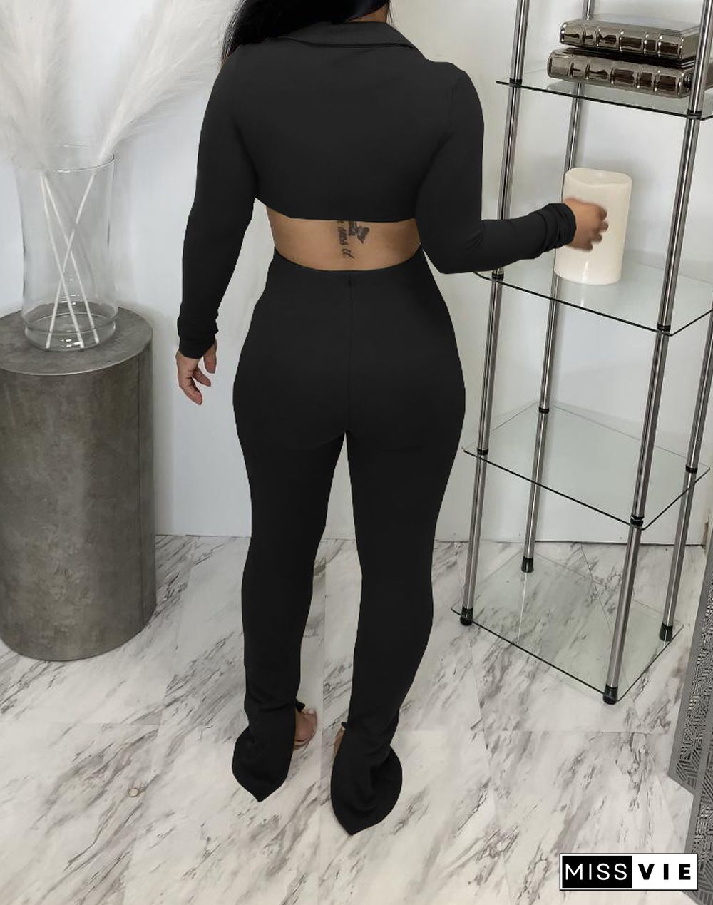 Solid Long Sleeve Button Up Crop Top Slit Pants Set