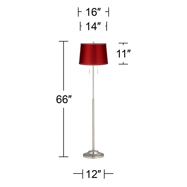 Tall Brushed Nickel Silver Metal Red Satin Tapered Drum Shade For Living Room Bedroom Office House