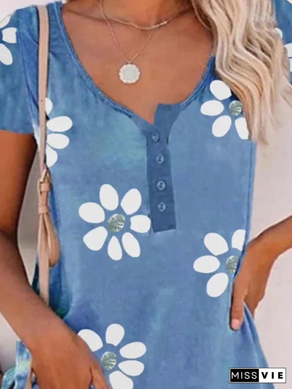 Casual Floral Short Sleeve V Neck Plus Size Printed Tops T-shirts