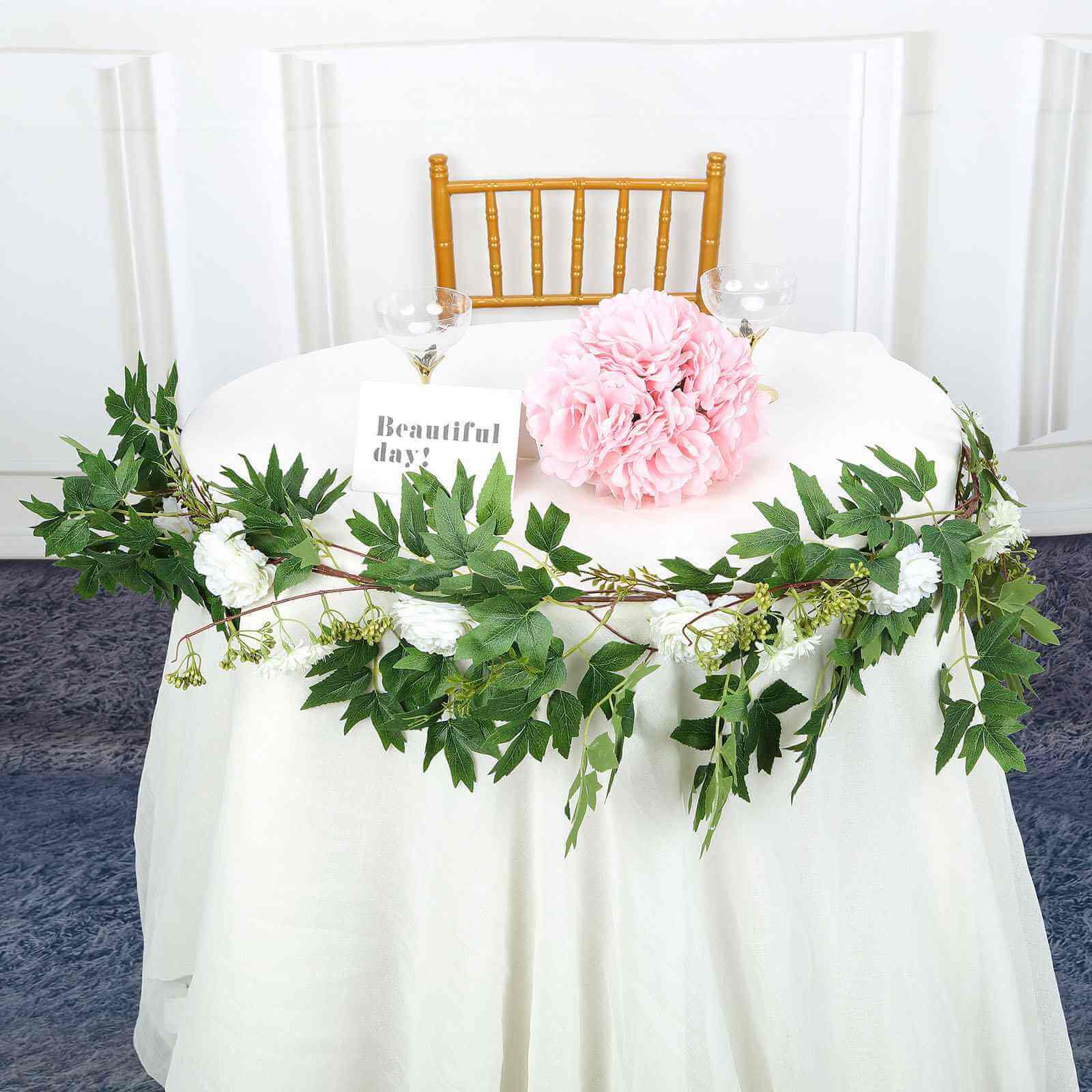 White Artificial Silk Peony/Foliage Hanging Flower Garland Vine 6ft