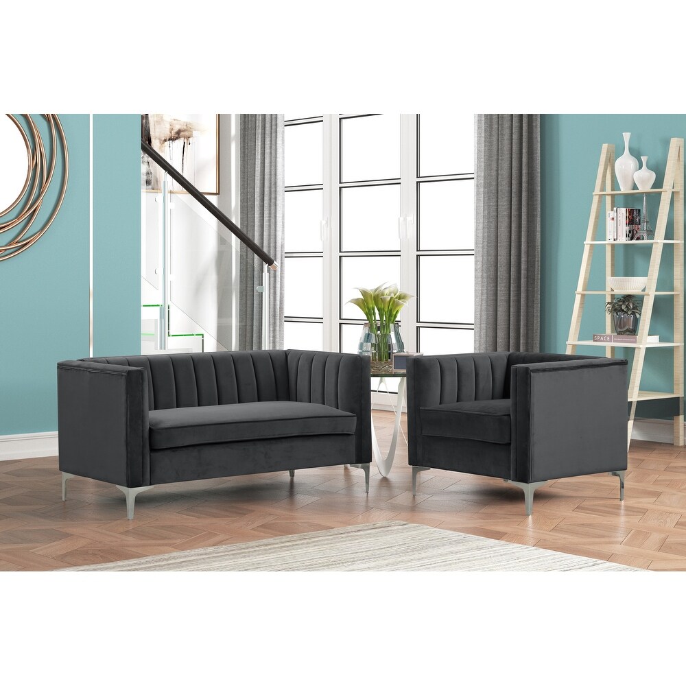 Morden Fort Modern 2 Pieces of Chair and Loveseat Set with Dutch Velvet Grey  Iron Legs