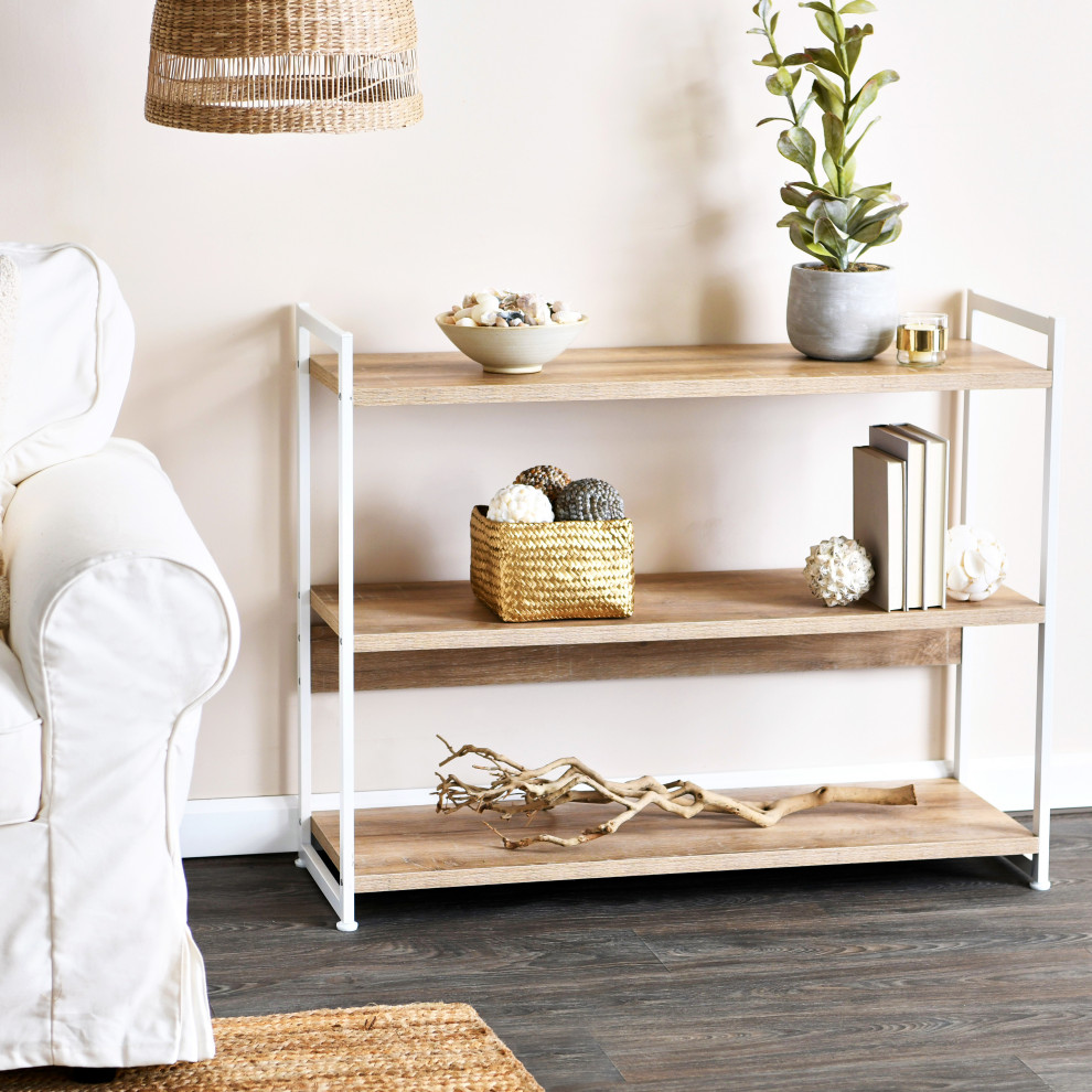 Jamestown Wide 3 Shelf Open Storage Bookshelf Coastal Oak Rustic  White Metal   Transitional   Bookcases   by Household Essentials  Houzz