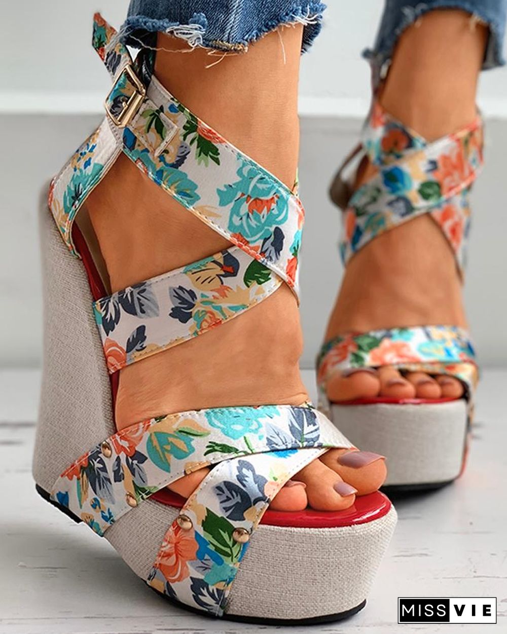 Floral Print Satin Bandage Wedge Sandals