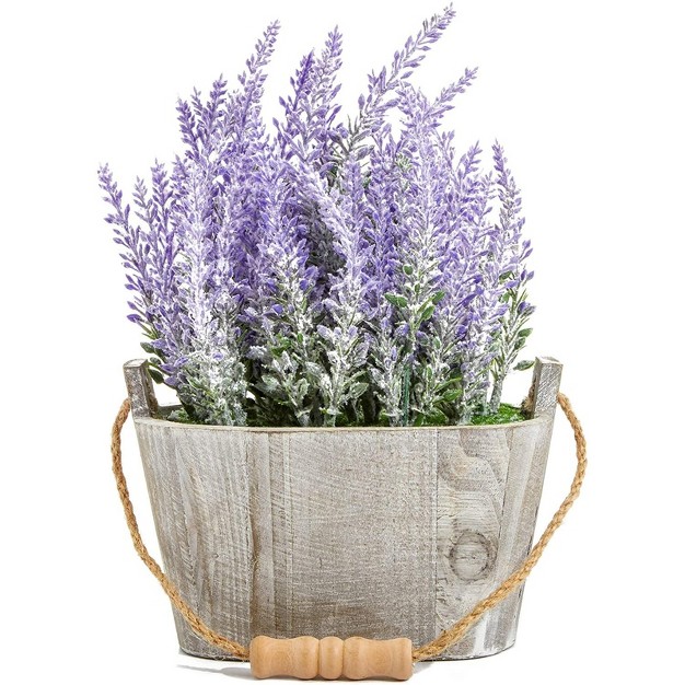 Artificial Lavender Fake Flower Plant In Rustic Oval Wooden Box For Decorations