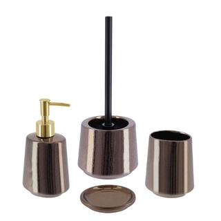 Porcelain 4-Pieces Bath Accessory Set with Toilet Bowl Brush Soap Dispenser Tumbler Soap Dish Crackled Texture Bronze SET4PORCELAIN