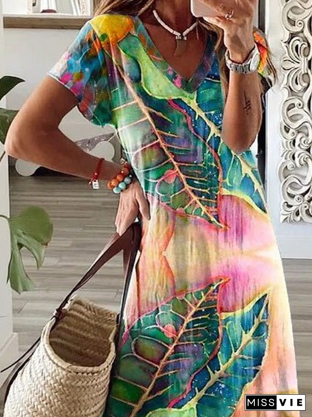 Women'S Dresses Multicolor Leaf V-Neck Short Sleeve Slit Dress