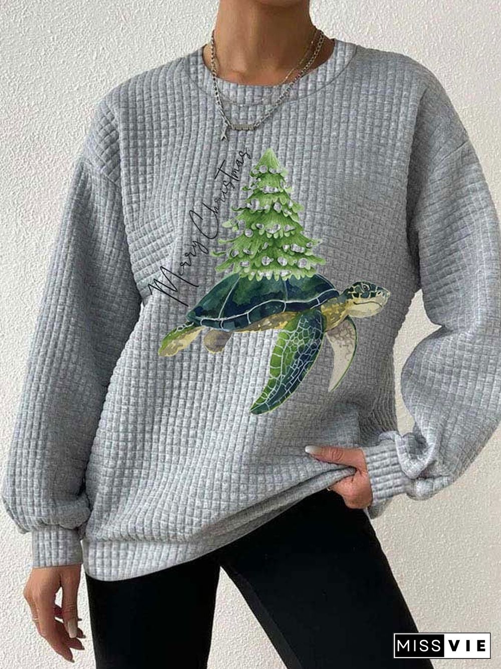 Women's Merry Christmas Turtle Christmas Tree Waffle Sweatshirt