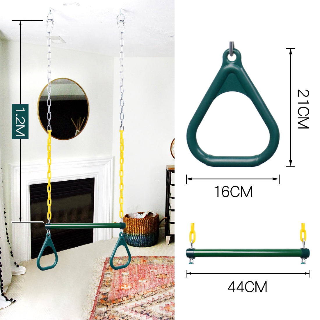 WHDZ 17'' Gym Rings Trapeze Swing Bar，Heavy Duty Chain Swing Set Accessories，Green Trapeze Bar Assembly with Rings for Backyard，Playground，Playroom