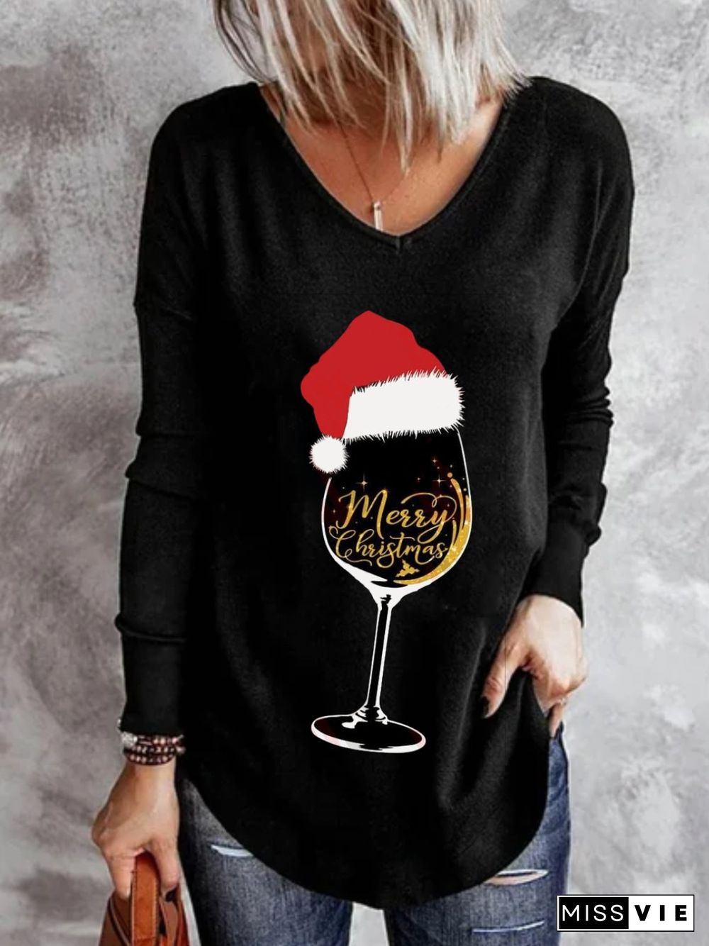 Christmas Xmas Wine Hats Long Sleeve V Neck Plus Size Printed Tops T-shirts