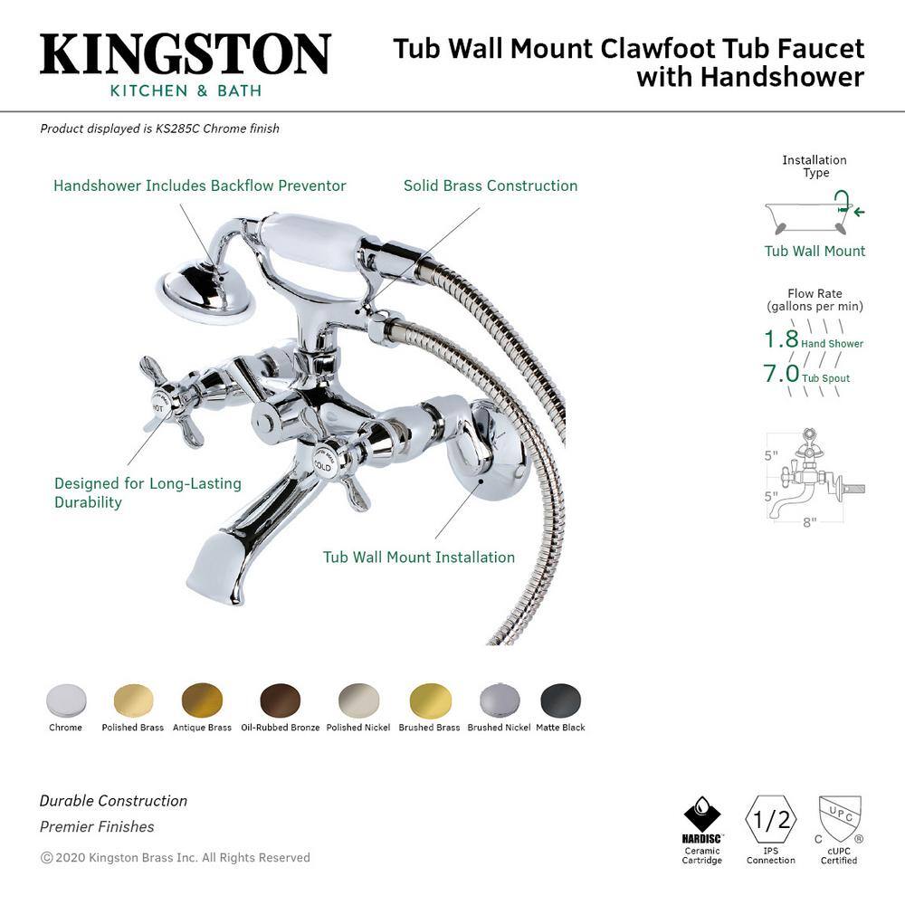 Kingston Brass Victorian 3-Handle Wall Claw Foot Tub Faucet with Handshower in Polished Brass HKS285PB