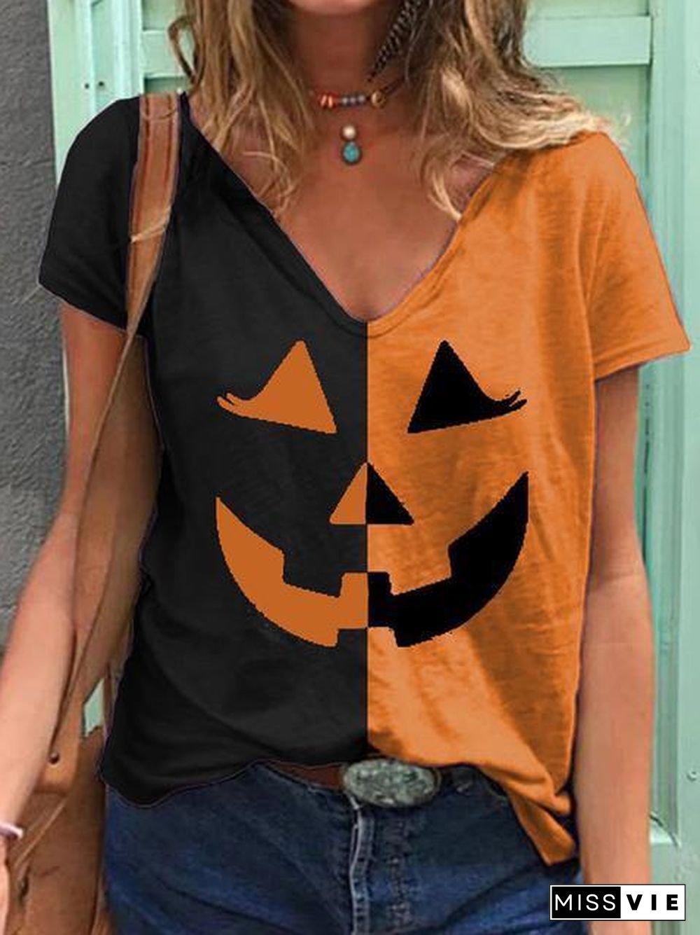 Halloween Pumpkin Print Contrast T-Shirt