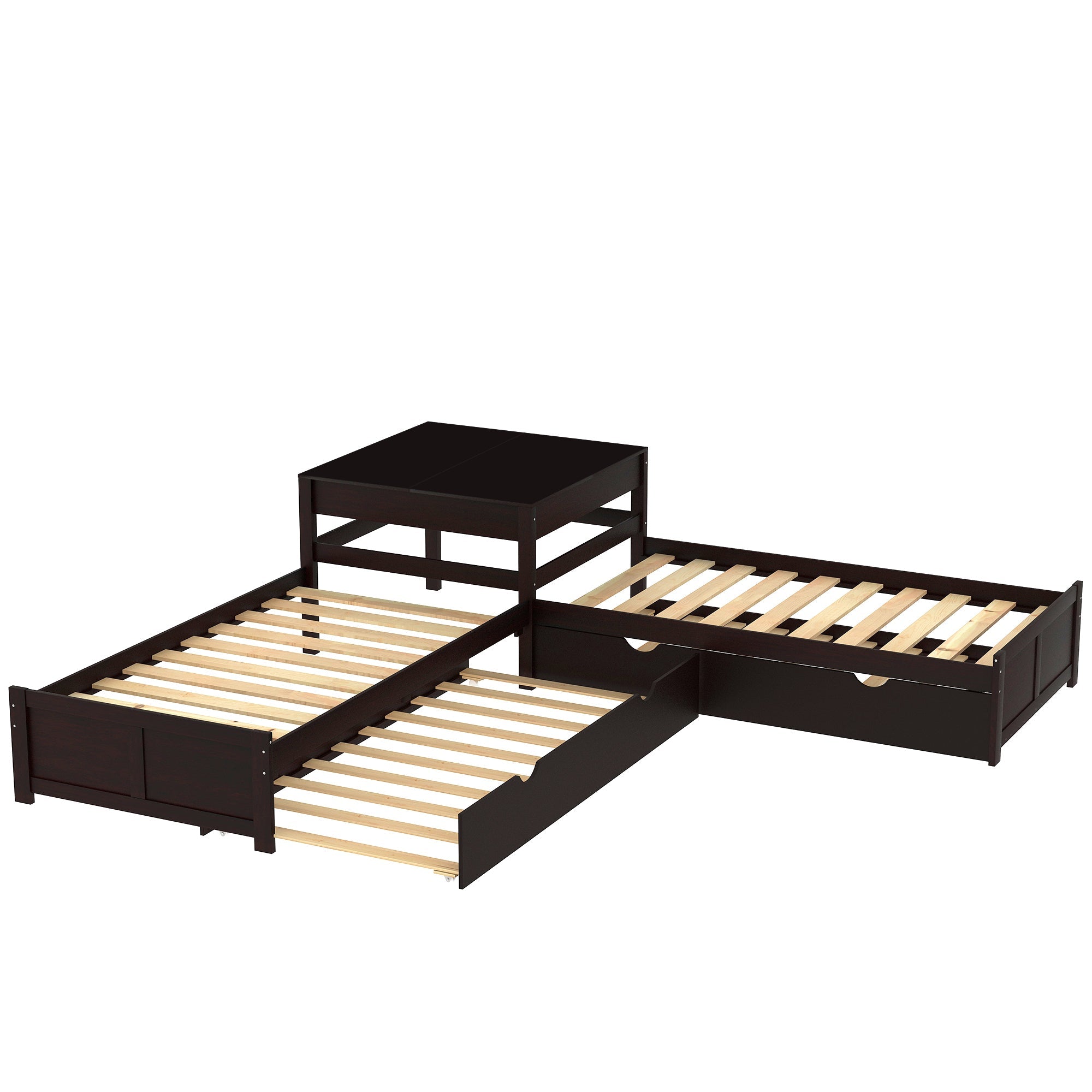 Euroco Twin L-Shaped Platform Bed with Square Table for Kids Bedroom, Espresso