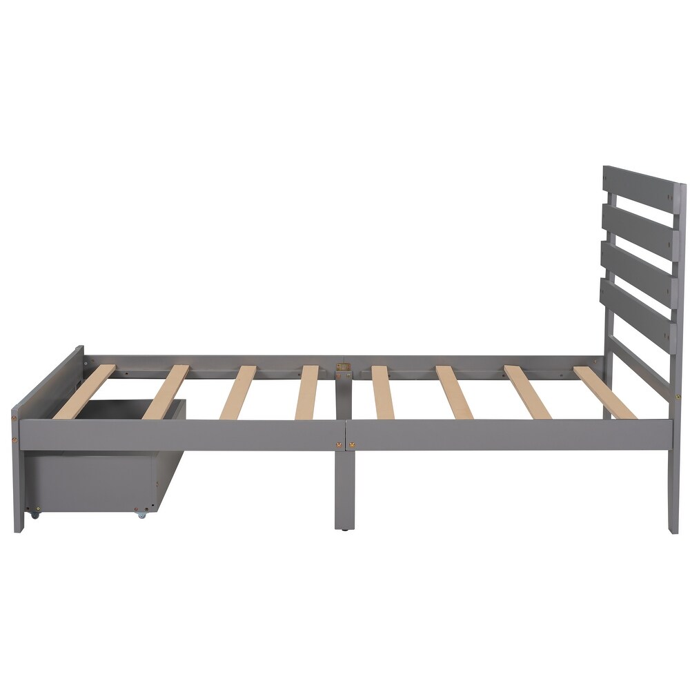 Modern Twin Platform Storage Bed with Footside Drawer  Wood Panel Bed for Small Aprtment Dorm Bedroom