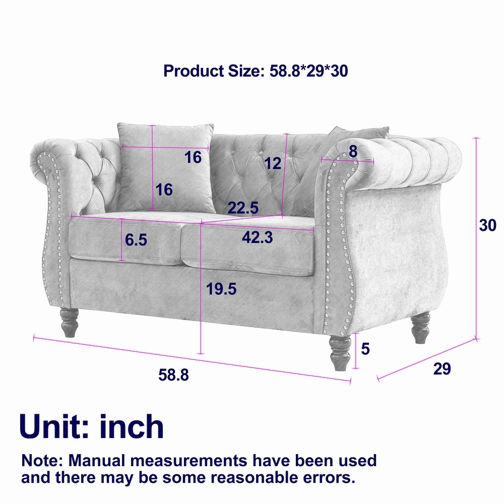 Velvet Chesterfield Sofa Set with Nailhead Trim and Tufted Low Back (Includes Pillows  3 Seater + Loveseat)