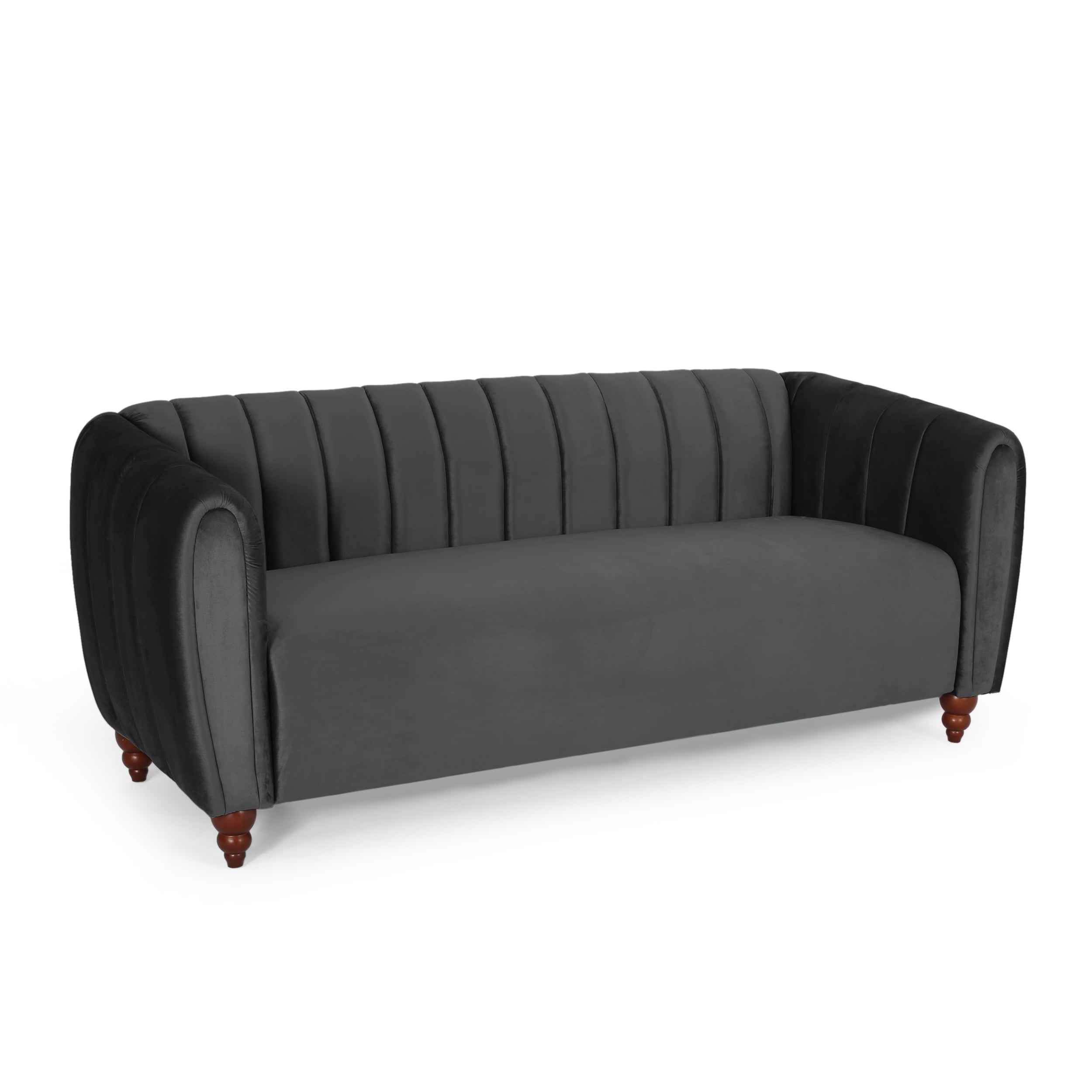 Noble House Missoula Velvet Channel Stitch 3 Seater Sofa, Black