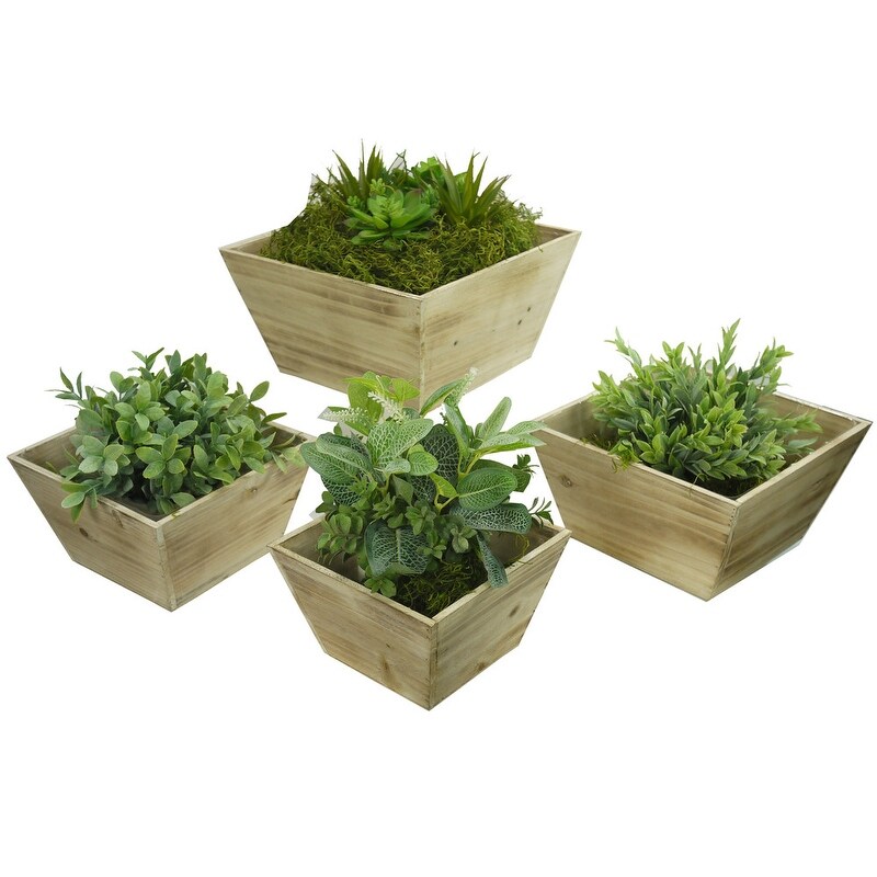 Contemporary Square Wood Pot   White  Set of 4