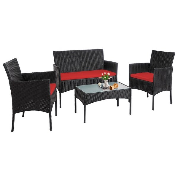 4 Piece Patio Conversation Wicker Furniture Set，Outdoor Rattan Sectional Furniture Set With Cushions