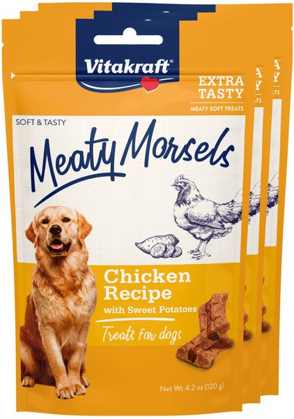 Vitakraft Meaty Morsels Chicken Recipe with Potato Soft and Chewy Dog Treats， 4.2-oz bag， 3 count