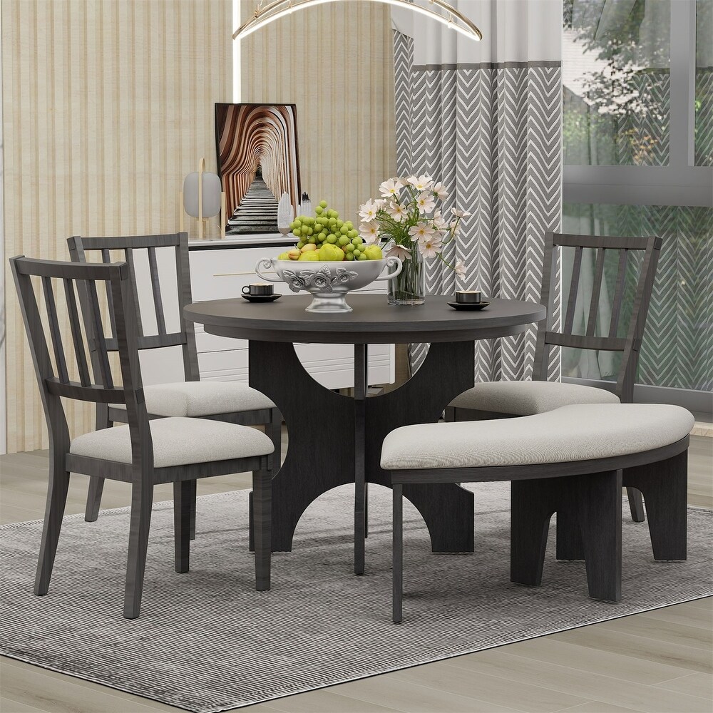 Merax 5 Piece Dining Table Set with Curved Bench   Side Chairs