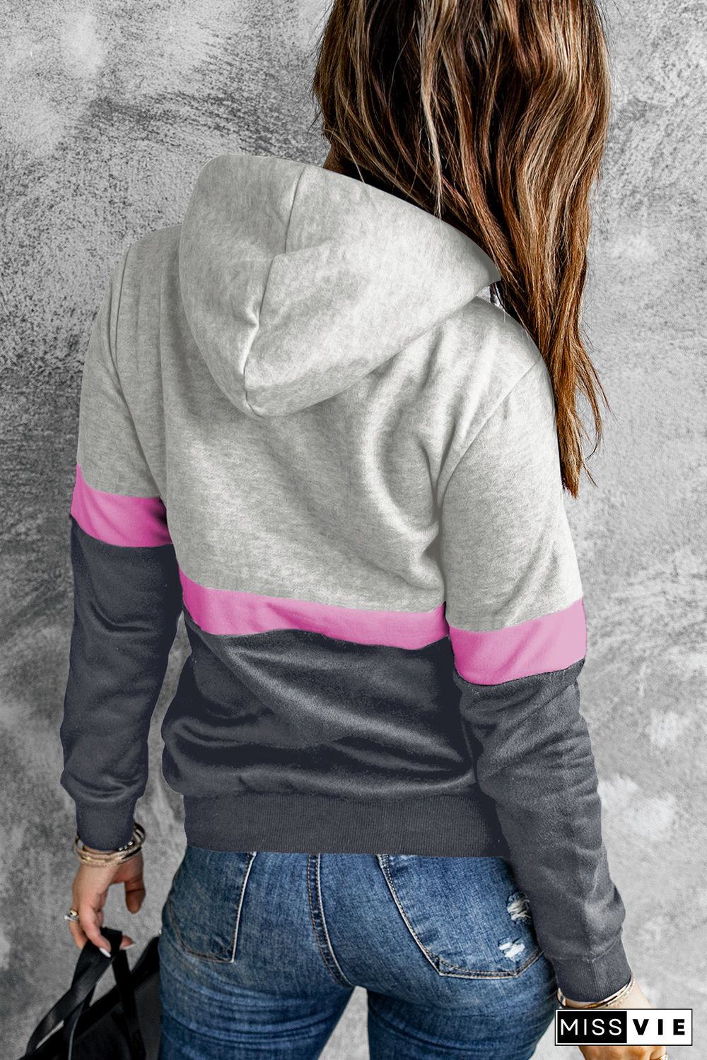 Gray Drawstring Cowl Neck Colorblock Hoodie