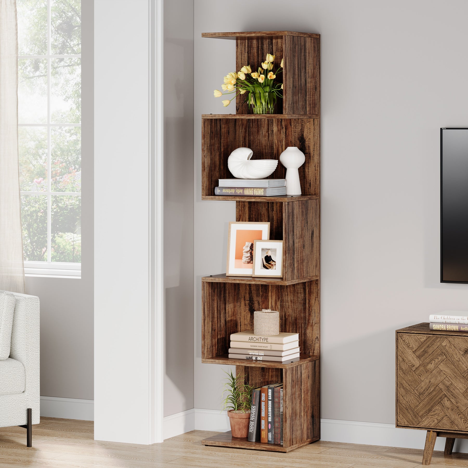 5-Tier Bookshelf, Freestanding Narrow Bookcase Etagere Display shelf