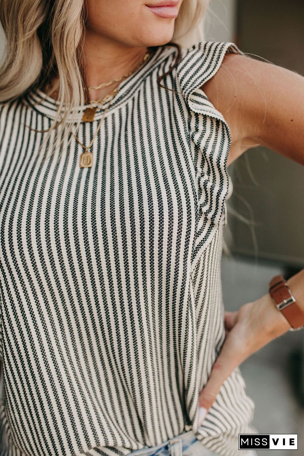 Gray Crew Neck Ruffled Striped Tank Top