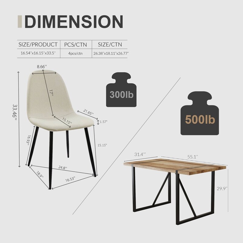 Mid Century Modern 5 Piece Dining Table Set Solid Wood Table with 4 Upholstered Chairs