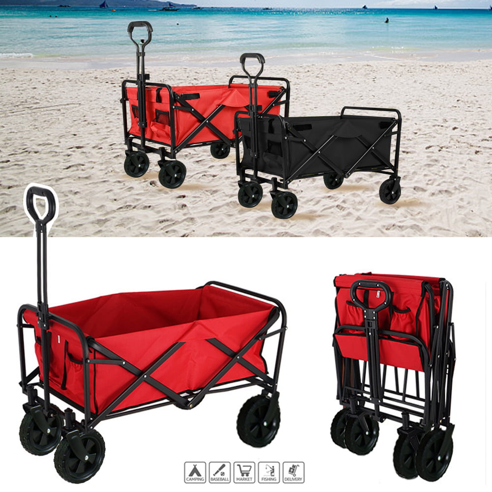 Heavy Duty Collapsible Folding Cart, All Terrain Utility Wagon Beach Outdoor Camping Garden Cart with Universal Wheels & Adjustable Handle, Red