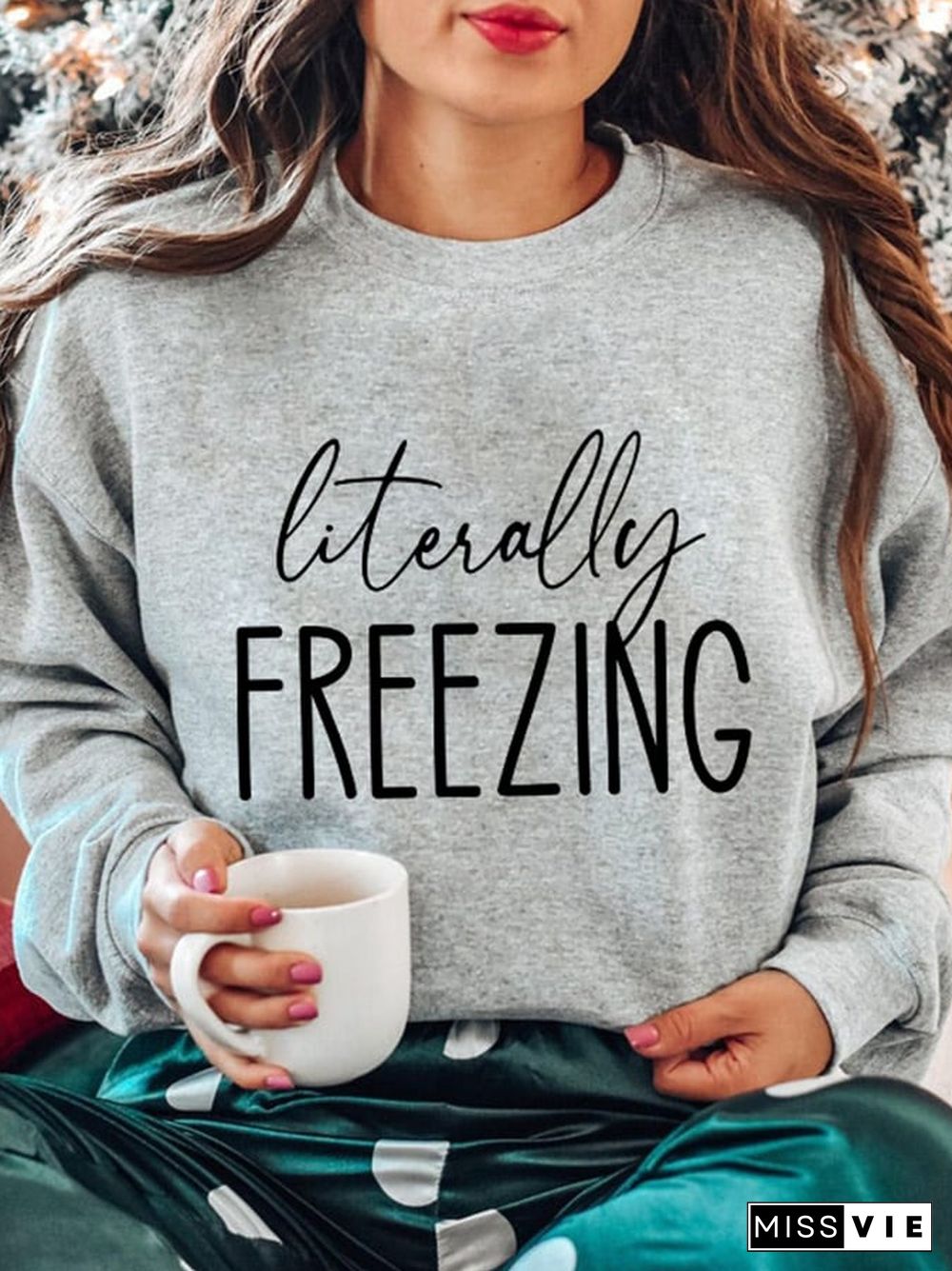 Retro Literally Freezing Print Crew Neck Sweatshirt