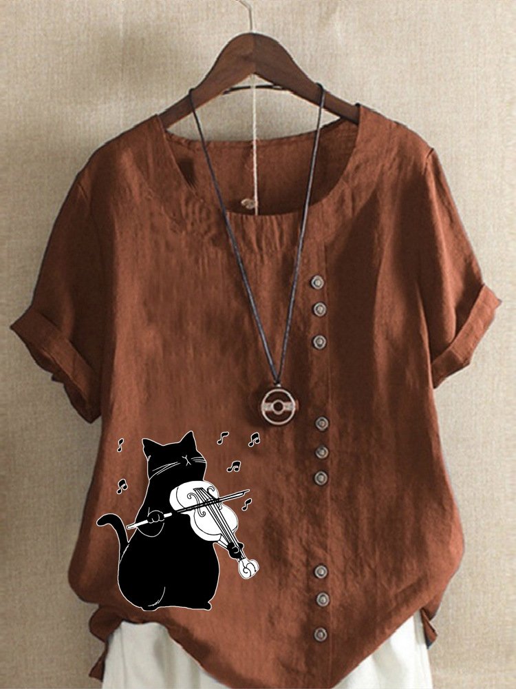 Round Neck Casual Loose Cat Print Short Sleeve Blouse