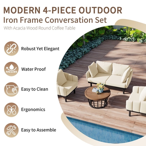 4Piece Iron Frame Outdoor Patio Conversation Set with Cushion for Backyard，Deck，Poolside，Indoor Use