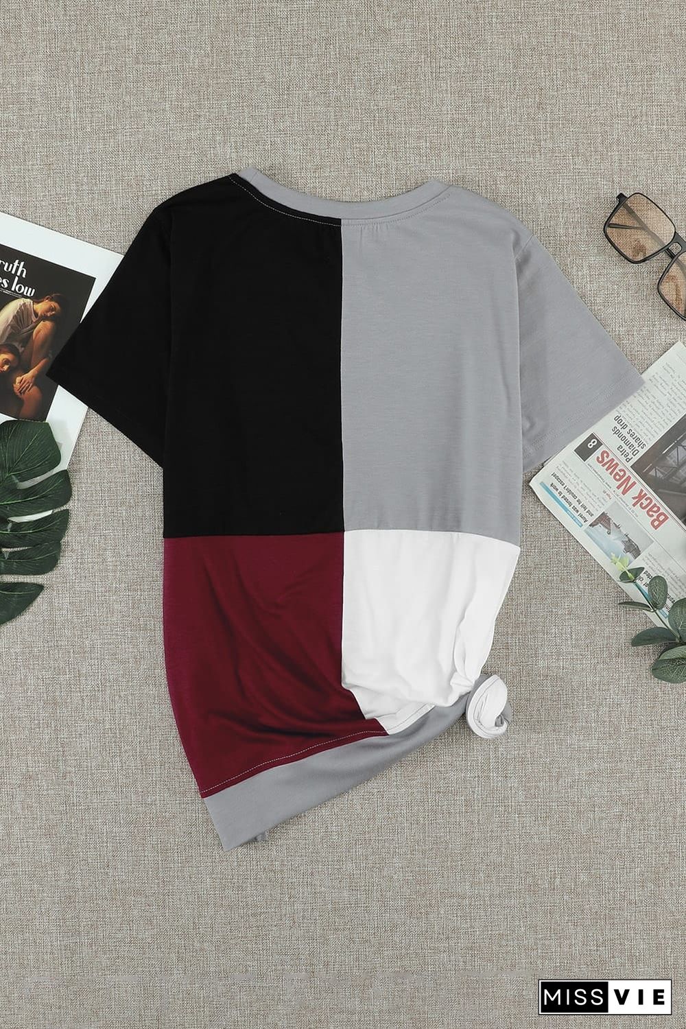 Wine Red Colorblock T-shirt with Slits