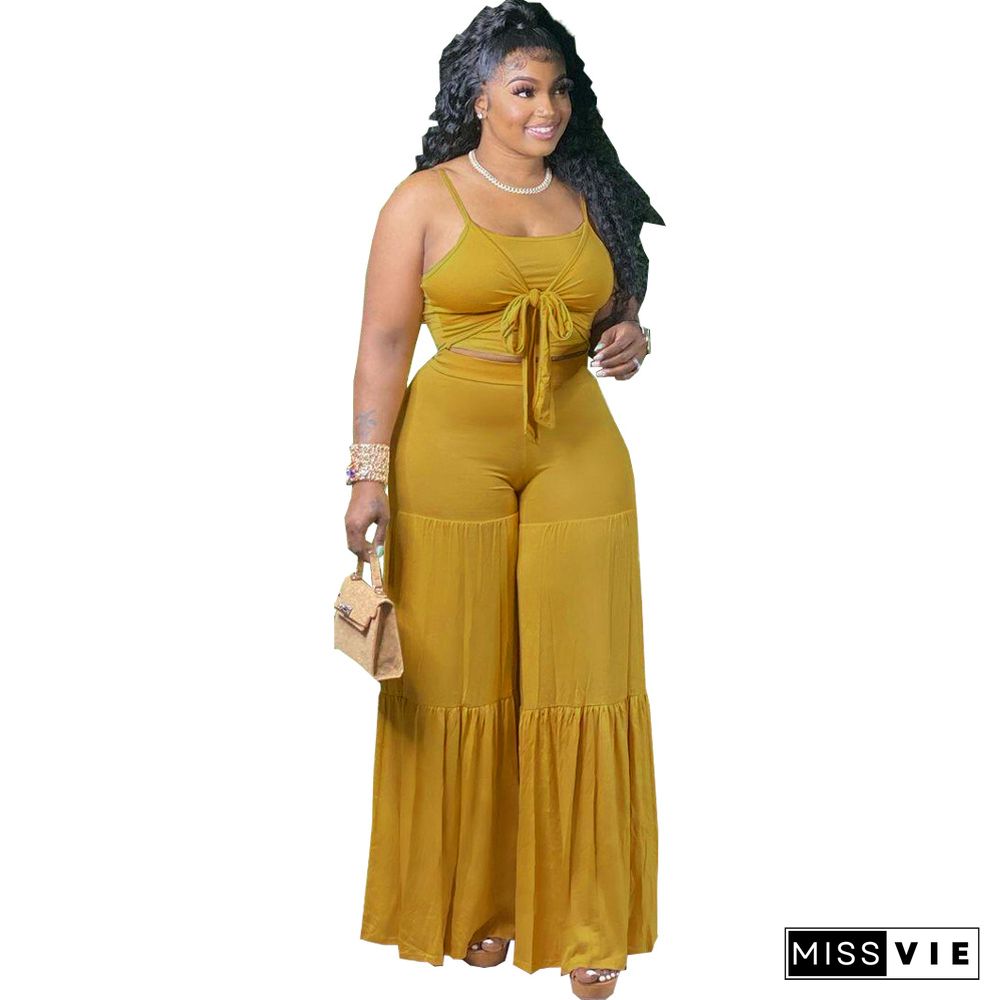 Women Plus Size Solid Color Spaghetti Strap Lace-up Crop Tops Wide Leg Pants Casual Loose 2 Pieces Set