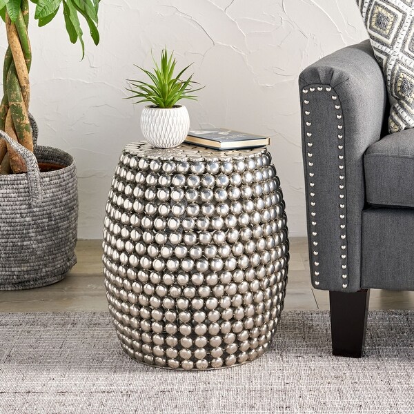 Outdoor Convex Drum Shaped Side Table with Studded Nailhead Accents and Iron Frame