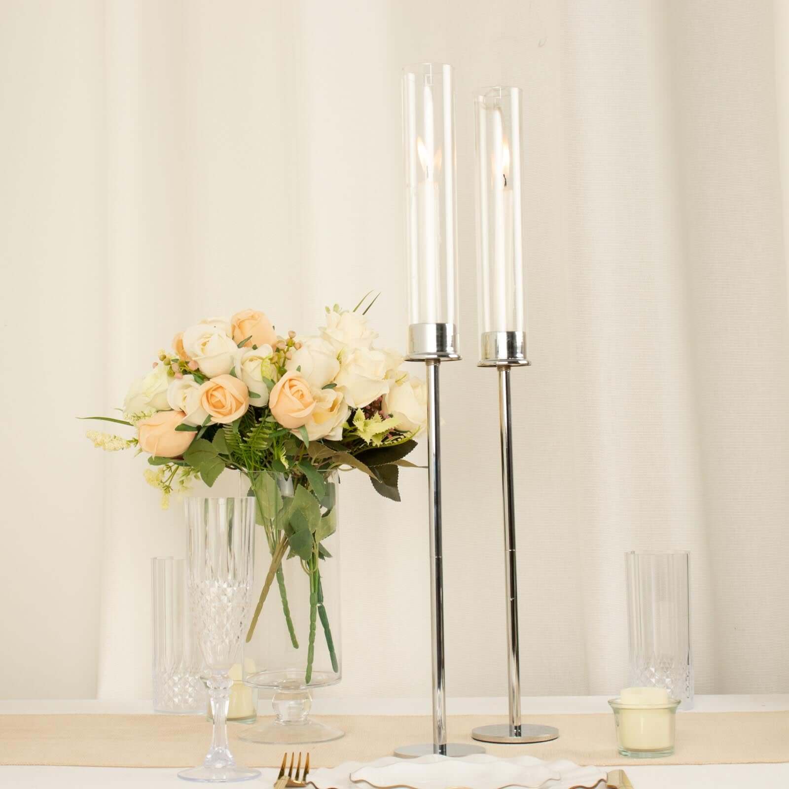 2 Pack Silver Metal Clear Glass Taper Candlestick Holders, Hurricane Candle Stands With Glass Chimney Candle Shades 24