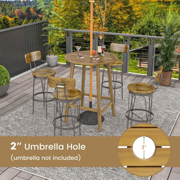 Bar Height Table with Umbrella Hole and Slatted Tabletop for Outdoors