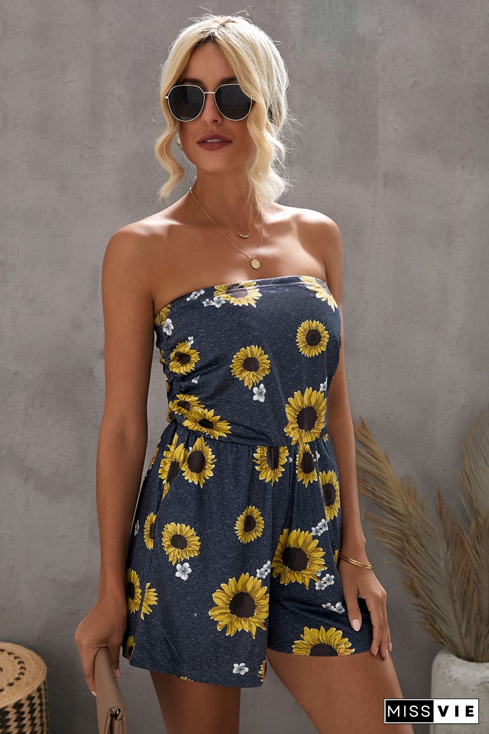 Yellow Floral Print Bandeau Romper with Pockets