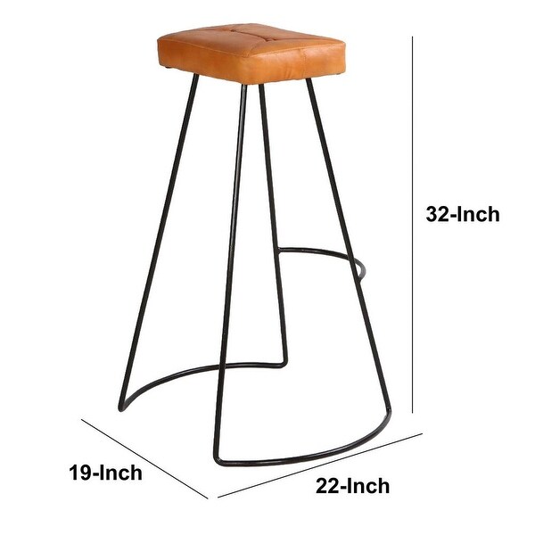 32 Inch Modern Bar Stool， Genuine Leather Seat， Metal Frame， Button Tufted， Tan Brown， Black - 21.5 L x 19 W x 31.7 H Inches