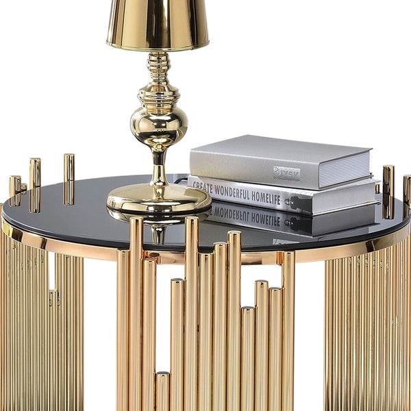 Modern Metal and Glass End Table with Tubing Design， Black and Gold