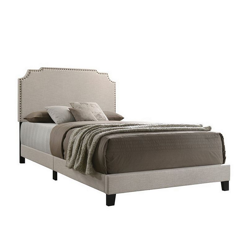 Fabric Upholstered Wooden Queen Size Bed with Nailhead Trims， Beige