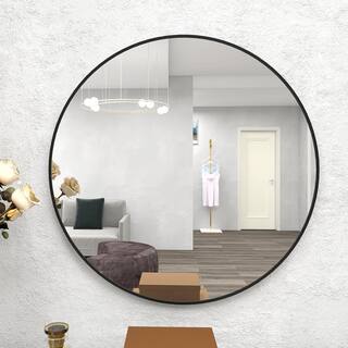 tunuo 28 in. W x 28 in. H Round Metal Framed Wall Bathroom Vanity Mirror in Black SF-WM2828B