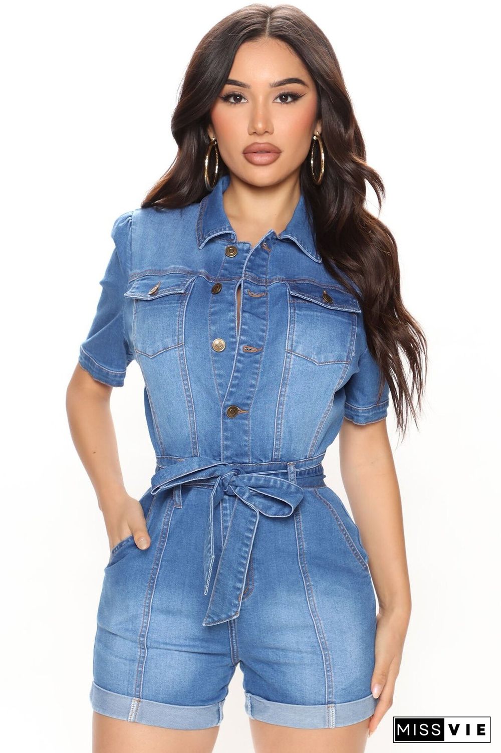 Short Sleeve Turn Down Collar Denim Rompers