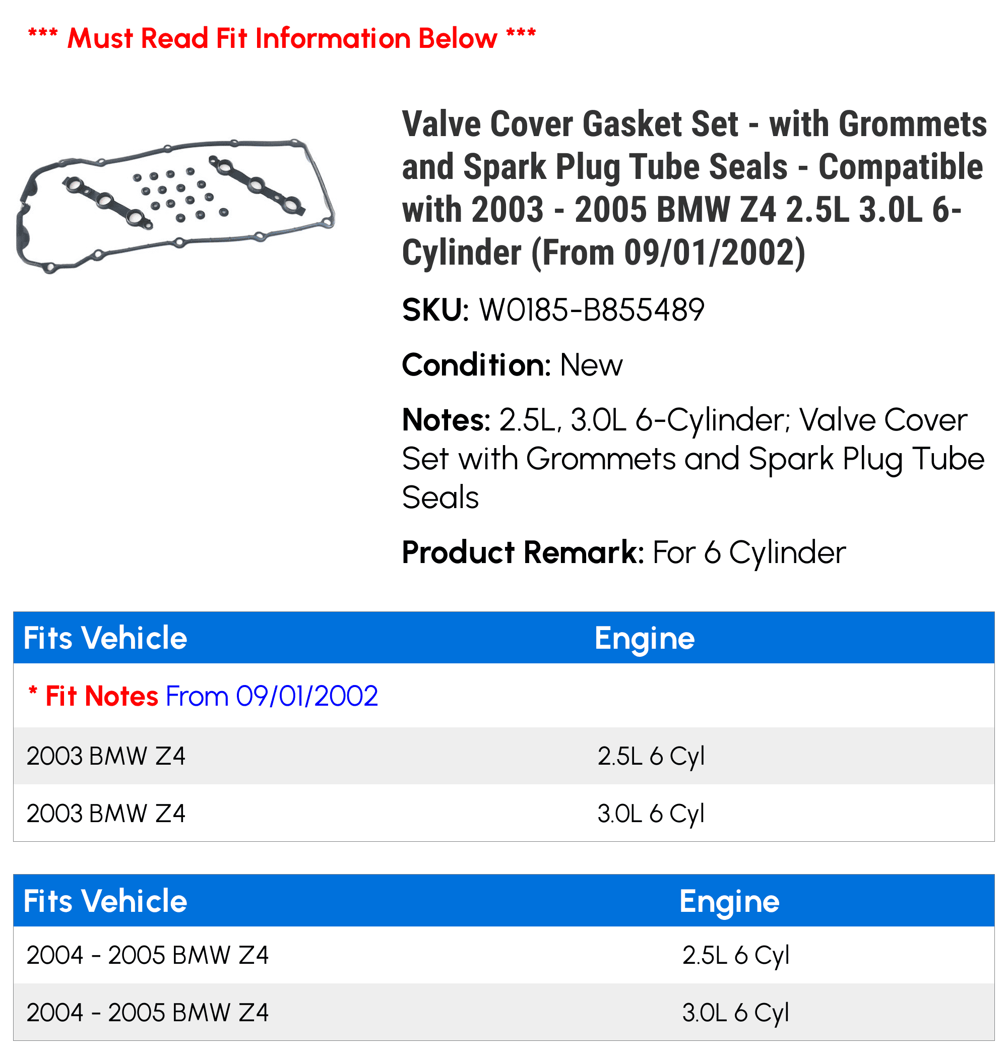 Valve Cover Gasket Set - with Grommets and Spark Plug Tube Seals - Compatible with 2003 - 2005 BMW Z4 2.5L 3.0L 6-Cylinder (From 09/01/2002) 2004