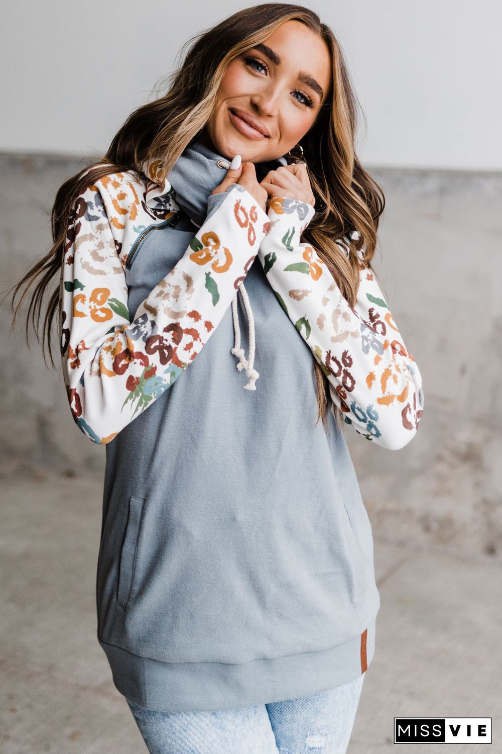 Gray Leopard Print Sleeve Patchwork Hoodie with Pocket