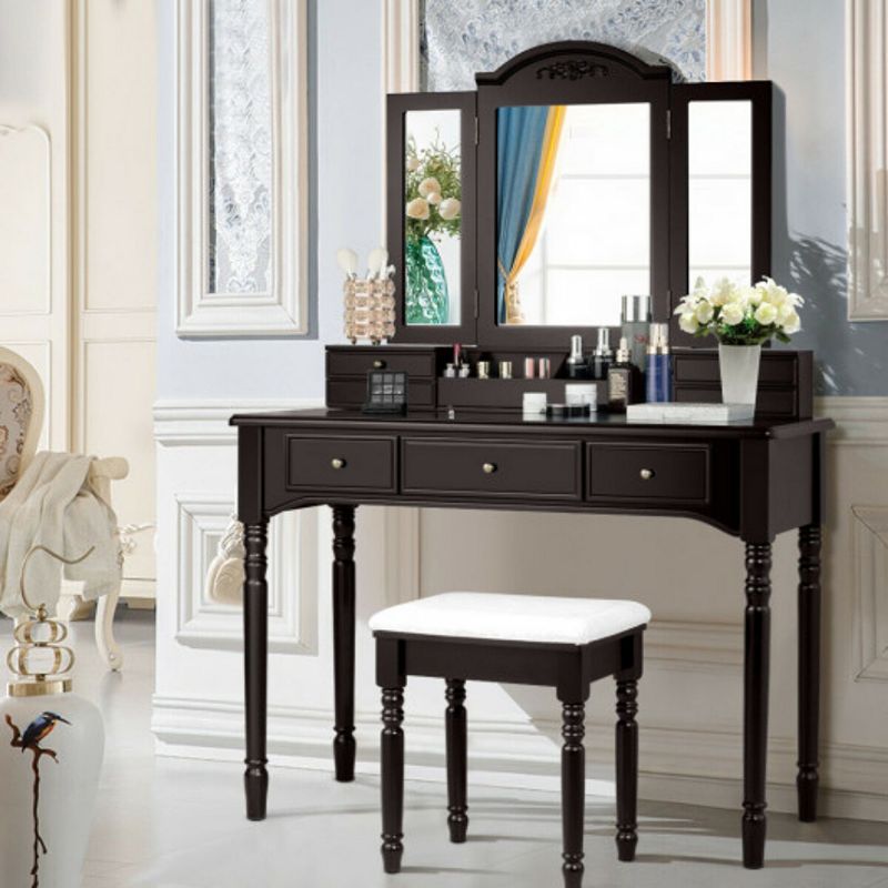 Makeup Dressing Table with Tri-Folding Mirror and Cushioned Stool for Women