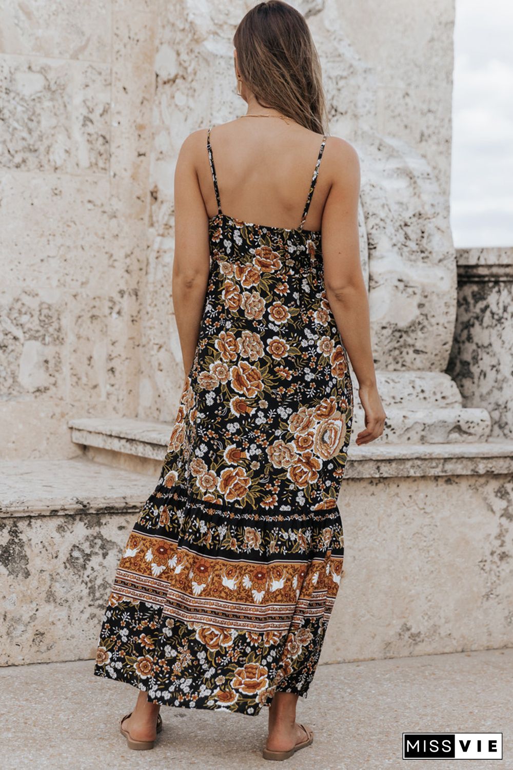 Black Retro Boho Floral Tassel Tie Maxi Dress