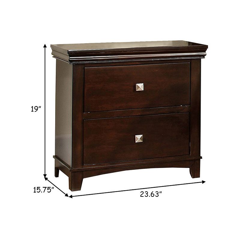 2 Drawer Wooden Nightstand with Metal Square Knobs， Espresso Brown