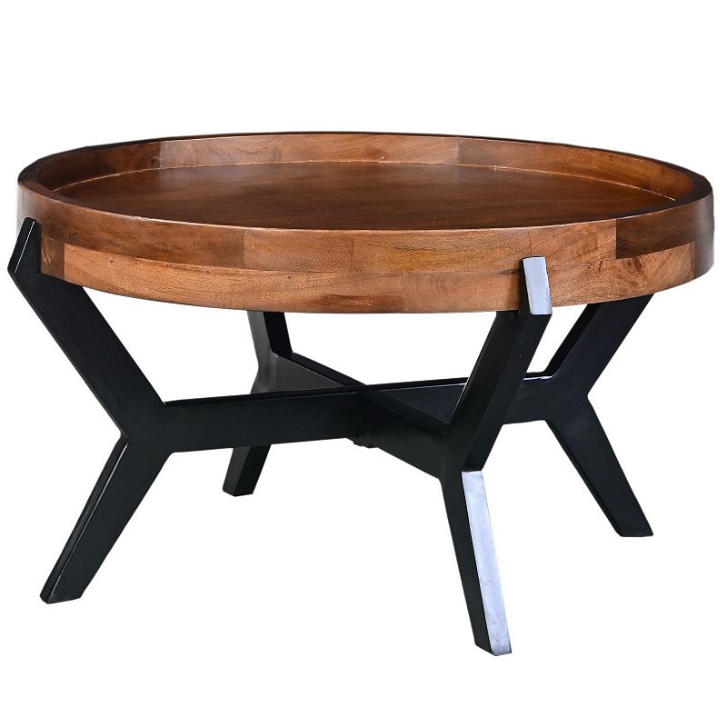 30 Inch Industrial Round Acacia Wood Tray Coffee Table with Flared Metal Legs， Brown and Black