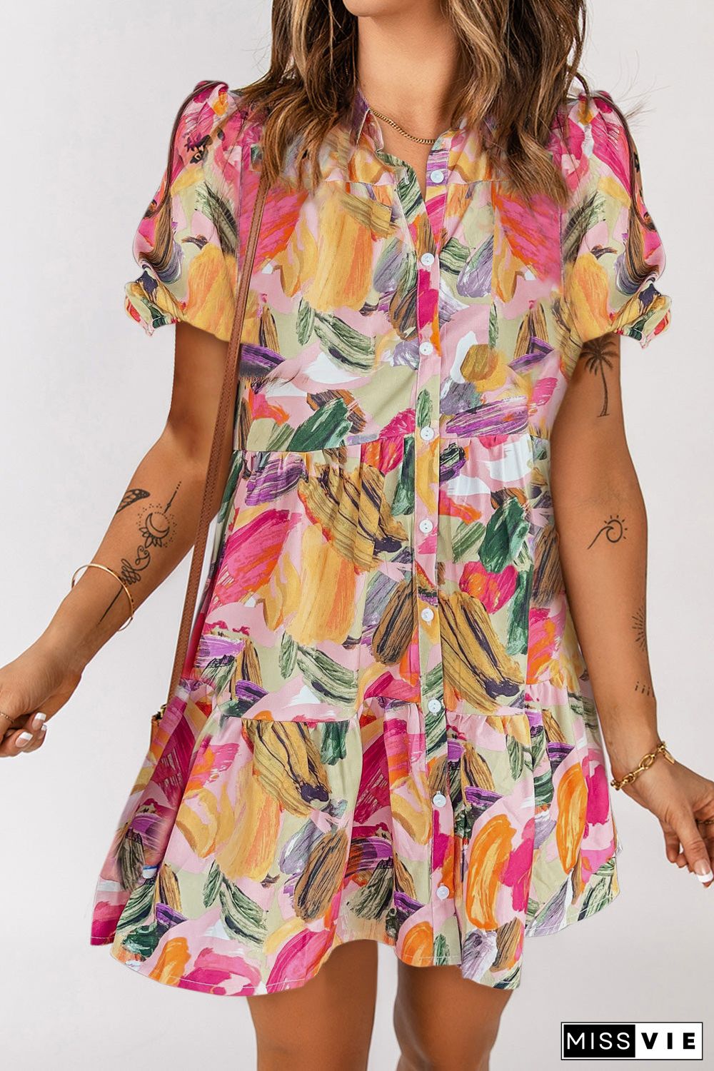 Floral Print Short Sleeve Shirt Dress