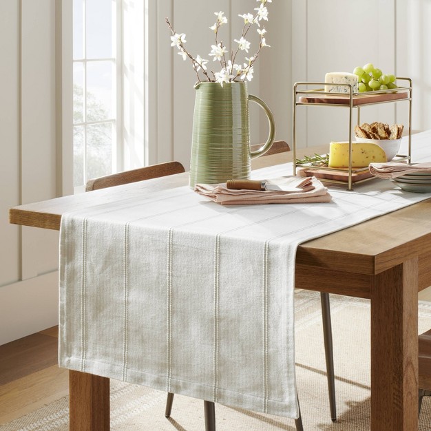 Ticking Stripe Woven Table Runner Light Green cream With Magnolia